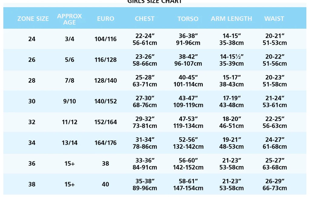 Elevate High Shine Zone size chart